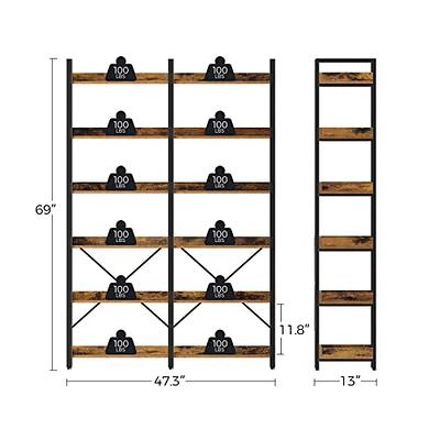 Seventable Bookshelf 6 Tier with 4 Hooks, 69” Industrial Wooden Bookcase,  Vintage Storage Rack with Open Shelves, Rustic Standing Bookshelves Metal