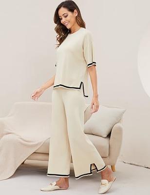 Classy Elastic Knit Lounge Set, Sweater Sets Women 2 Piece Sets Short  Sleeve Knit Pullover Tops Wide Leg Pants (Apricot,S) : : Clothing,  Shoes & Accessories