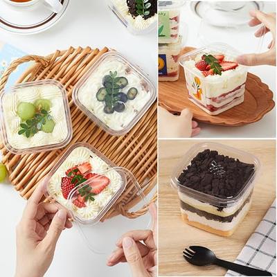 Dessert Cups with Dome Lids Disposable Plastic Cups with Lids Clear Pet Ice Cream Cups (No Hole), Sporks and Stickers for Plastic Fruit, Cake and Mini