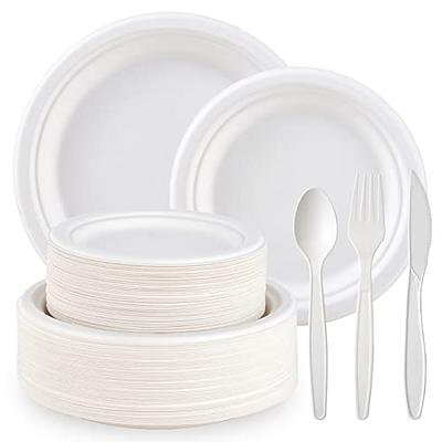 Gezond 250Pcs Disposable Paper Plates Set, Compostable Plate Sugarcane  Utensils Eco Friendly Dinnerware Kit Includes 50 Biodegradable Plates,  Forks