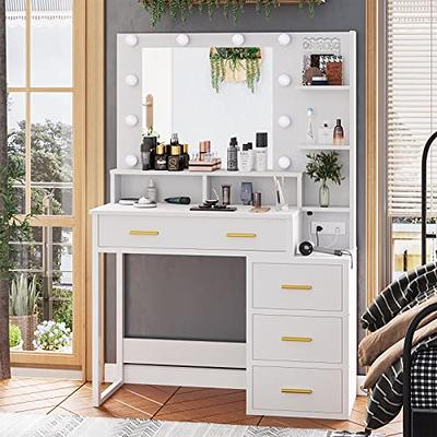 Tiptiper Makeup Vanity Table with Mirror, Storage Cabinet, Dressing Desk 5  Drawers and Shelves, White 