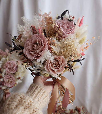 Pink Bunny Tails & Dried Gypsophila Wedding Bouquet/ Bridal