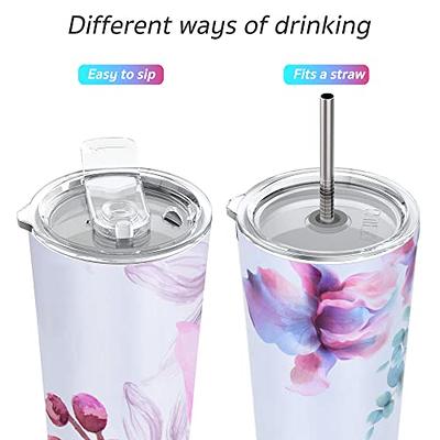Stainless Steel Vacuum Insulated Tumbler - THILY Travel Mug 26 oz Coffee Cup with 2 Lids and Straws, Splash Proof, Keep Ice Drinks Cold, Pink Lilies
