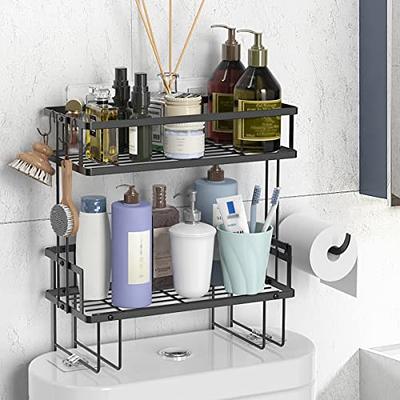 Over The Toilet Storage Shelf, 2-Tier Bathroom Organizer Over Toilet,  Folding Bathroom Space Saver with Toilet Paper Holder and Hooks(Black)