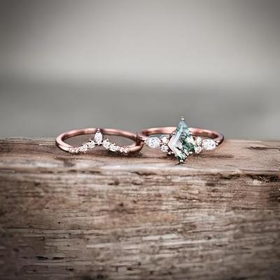 Green Moss Agate Ring Kite Ring Set 925 Sterling Silver Ring Engagement Ring