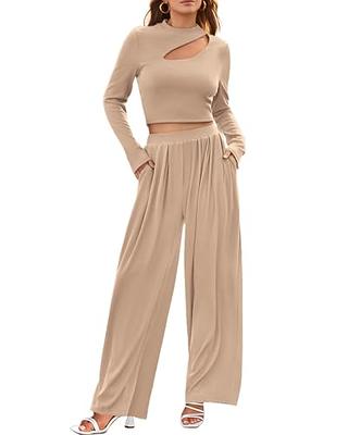 BTFBM Women's 2 Piece Tracksuit Outfits Cutout Long Sleeve Crop Top Wide  Leg Pant Ribbed Knit Sweatsuits Yoga Lounge Set(Solid Khaki, Medium) -  Yahoo Shopping