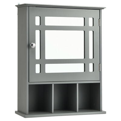 Gymax Wall-Mounted Bathroom Storage Organizer Mirrored Medicine Cabinet  with Shelf Grey 