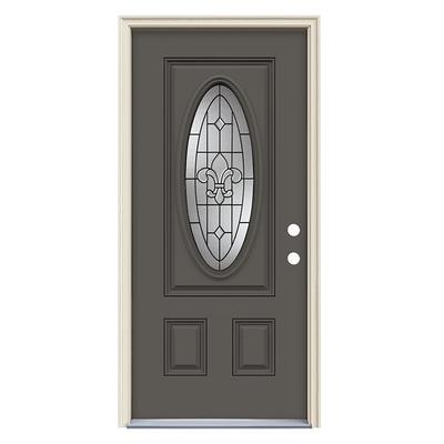 JELD-WEN Nola 32-in x 80-in Steel Oval Lite Right-Hand Inswing Primed  Prehung Single Front Door with Brickmould Insulating Core