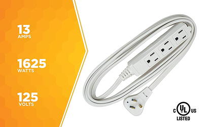 Slimline Flat Plug Extension Cord, White, 3