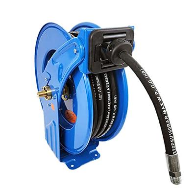 Macnaught M3 Retractable Industrial Grade Oil Hose Reel, 1/2” x 50' Premium  Dual Pedestal Design with Heat Treated Heavy Duty Gauge Steel, Adjustable  Guide Arms, Easy to Service Ball Bearing swivel 