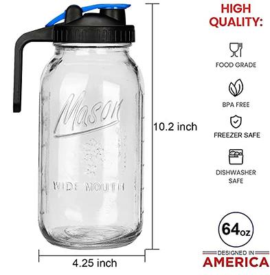 Brewing America Glass Mason Jar Pitcher with Lid - Ball Jars, 1 Quart (32 oz) with Black Wide Mouth Mason Jar Pour Lid, 2-Pack