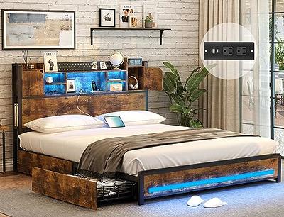 Faux Leather Platform LED Bed Frame with Storage Drawers and USB Ports  Adjustable Headboard White