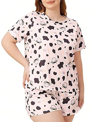 WDIRARA Women's Plus Size 2 Piece Sleepwear Cow Print Short Sleeve