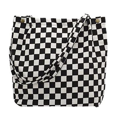 Womens White Checkered Tote Shoulder Bag Purse With Inner Pouch