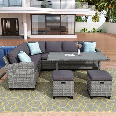 Grezone 6 Pieces Patio Outdoor Furniture Sets All Weather Wicker Sectional Sofa Couch Lawn Sectional Furniture with Washable Couch Cushions and Black