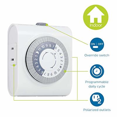 HBN Indoor Timer-24 Hour Plug-In Mechanical Indoor Mini Timer with 2 Outlets, 3 Prong, 2-Pack, White