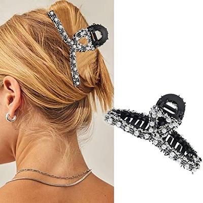  2 Pack Large Rhinestone Hair Clips, Crystal Pearl Hair Claw  Clips, Black Gold Jumbo Jaw Clip, Nonslip Hair Claw for Thick Long Hair,  Fashion Hair Clamp Accessories for Women Girls 