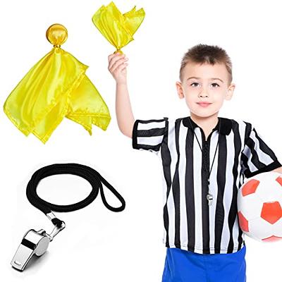 Geyoga 4 Pcs Men's Official Referee Costume Set Black & White Stripe Referee Zipper Collar Shirt Official Referee Hat Stainless Whistle with Lanyard