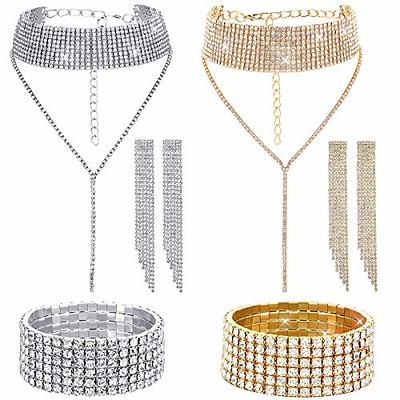 Yaomiao 2 Sets Women Rhinestone Crystal Jewelry Set Bridal Wedding Costume  Outfit Glitter Necklace Fringe Earrings Bracelet (Gold, Silver) - Yahoo  Shopping