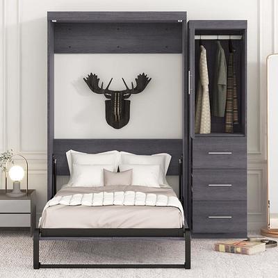 Gray Wood Frame Full Size Murphy Bed with Wardrobe and Three Drawers