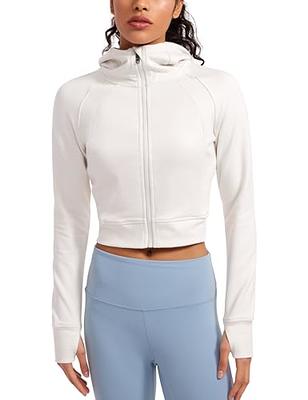 CRZ YOGA Winter Womens Zip Up Cropped Hoodie Full Zip Workout Jacket  Athletic Casual Long Sleeve Sweatshirts with Thumb Holes