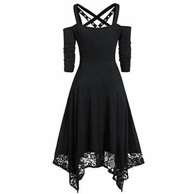 Women's Gothic Steampunk Dress Fit Flare A-Line Midi Dress Sexy Lace Sleeve  Halloween Party Long Dress Goth Clothes