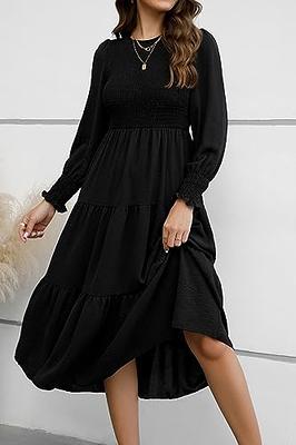 ZOOMOON Womens Fall Dresses Long Sleeve Casual Crew Neck Smocked Hight  Waist Flowy Tiered Maxi Dress Black - Yahoo Shopping