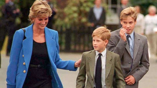 PHOTO: Prince William with Diana, Princess of Wales and Prince Harry on the day he joined Eton in Sept. 1995, in U.K. (Getty Images)