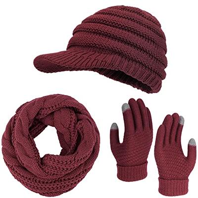 3 Pack Winter Knitted Brim Beanie Hats Gloves Scarf Set Warm Hat