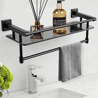 Dracelo 19.5 in. W x 5.92 in. D x 6.89 in. H Black Glass Shelf Bathroom Shelf with Towel Bar/Rail Shower Towel Rack Wall Mount