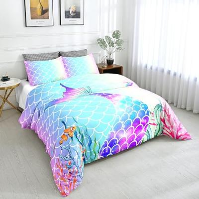 SW SETWIER Mermaid Comforter Cover Twin Size Kids Purple Blue Fish Scales  Bedding Set Girly Rainbow