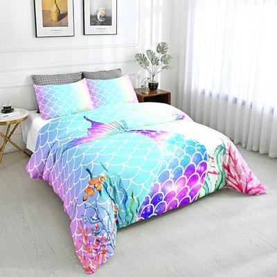 SW SETWIER Mermaid Comforter Cover Twin Size Kids Purple Blue Fish Scales Bedding  Set Girly Rainbow