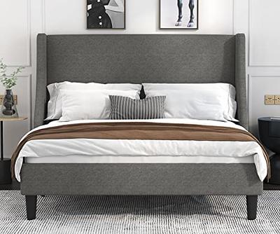 Allewie Full Size Platform Bed Frame with Fabric Upholstered Headboard,  Dark Grey 