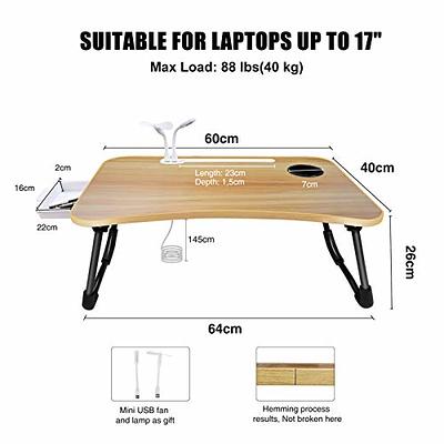 Foldable Lap Desk for Bed, Bed Tray Table with 4 USB Ports, Holder Slots, Cup Holder and Drawer, Laptop Desk Table with Mini Lamp, Fan, Portable