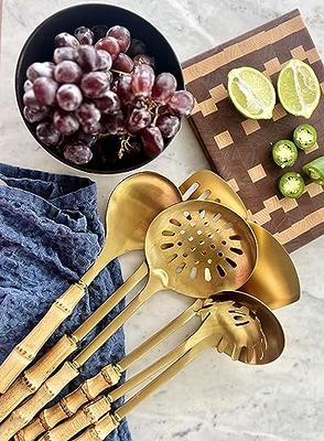 Gold Kitchen Utensils Set with Wooden Handle, 8 PCS Brass Stainless Steel  Cooking Utensil - Spatula, Ladle, Solid Serving Spoon, Slotted Serving