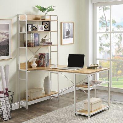 Magic Home 54.3 in. W L-Shape Light Wood Steel Frame and MDF Desktop Computer Desk with 5-Tier Open Bookshelves