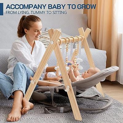 Golener Baby Play Gym Wooden Baby Gym with 6 Infant Activity Toys,Foldable  Frame Hanging Bar,Toddler Activity Center with Pull Ring,Wood Gyms for