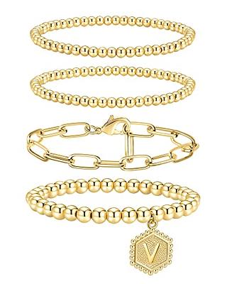 Gold Initial Bracelets for Women Girls, Dainty 14K Gold Filled Layered Beaded Letter Initial Bracelet Personalized 26 Alphabet Disc Monogram Charm