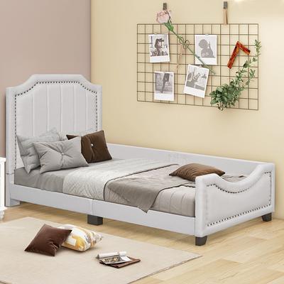 Twin Size Upholstered Platform Bed Frame with Headboard and Footboard,  Nailhead Trim Decoration Kids Beds w/ half of Guardrail - Yahoo Shopping