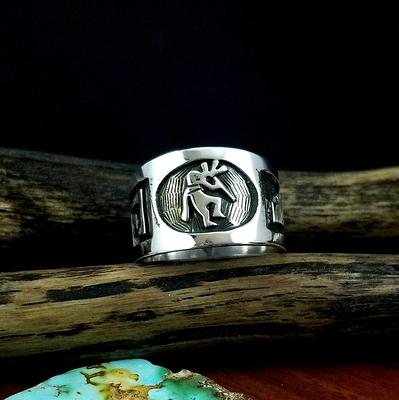 Size 9-3/4 Hopi Gene Pooyouma Sterling Silver Kokopelli Overlay