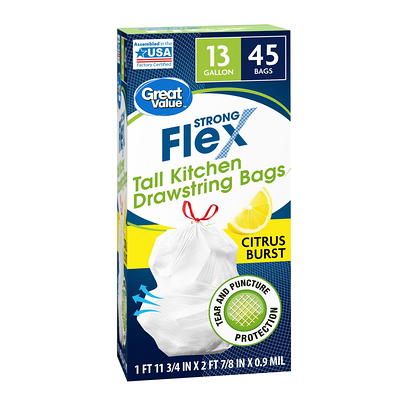 Great Value Strong Flex Tall Kitchen Drawstring Trash Bags, Fresh Cotton,  13 Gallon, 45 Count