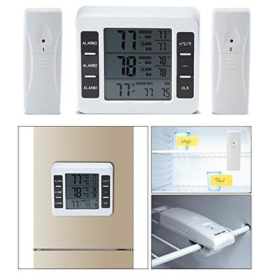 Refrigerator Thermometer, Wireless Digital Freezer Thermometer with 2  Sensors, Audible Alarm, Min and Max Record, Large LCD Display for Home