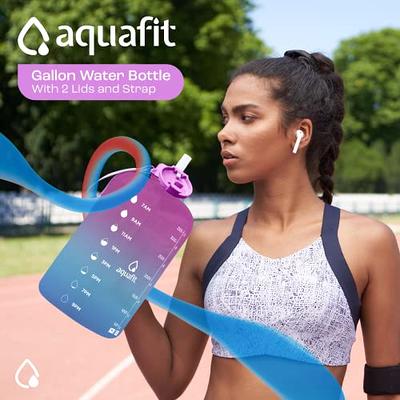 AQUAFIT 1 Gallon Water Bottle with Time Marker - 128 oz Water Bottle with Straw - Gym Water Bottle with Strap, Big Water Bottle