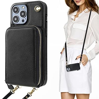 ZVE iPhone 14 Plus Wallet Case Crossbody with Zipper Lipstick Pouch, Card  Holder Phone Case with Wrist Strap for Women, RFID Blocking Leather Cover
