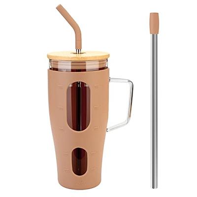 Spurtar Glass Cups with Lids and Straws, 24 Oz 4 Pack Iced Coffee