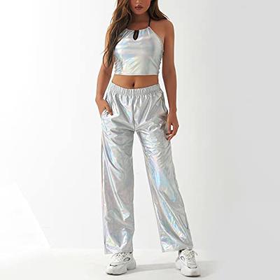 Fashion (A)Women Shiny Flare Trousers Laser Metallic Wetlook