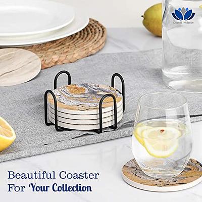  Glass Gold Coasters with Holder Set of 4, Round Cup