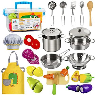 Cute Stone CUTE STONE Pretend Play Kitchen Toys with Stainless Steel  Cookware Pots and Pans Set, Toy Cooking Utensils, Apron, Cutting