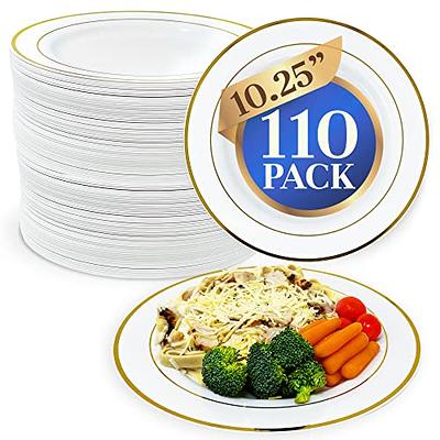 Reli. 50 Pcs Plastic Dessert Plates, Disposable (7.5 inch, White W/Gold Rim) | Plastic Plates for Party, Heavy Duty | Hard PL