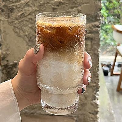 Glass Cups Vintage Glassware, Set of 4 Small, Embossed Stackable Pattern  Style Transparent Cocktail Glasses Set, Ice Coffee Cup Juice Drinkware,  Clear, 190Ml (…